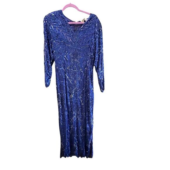 Maharaj by Cotton Candy Blue Silk Cobalt Beads Sequins Dress Size Small - Picture 1 of 9
